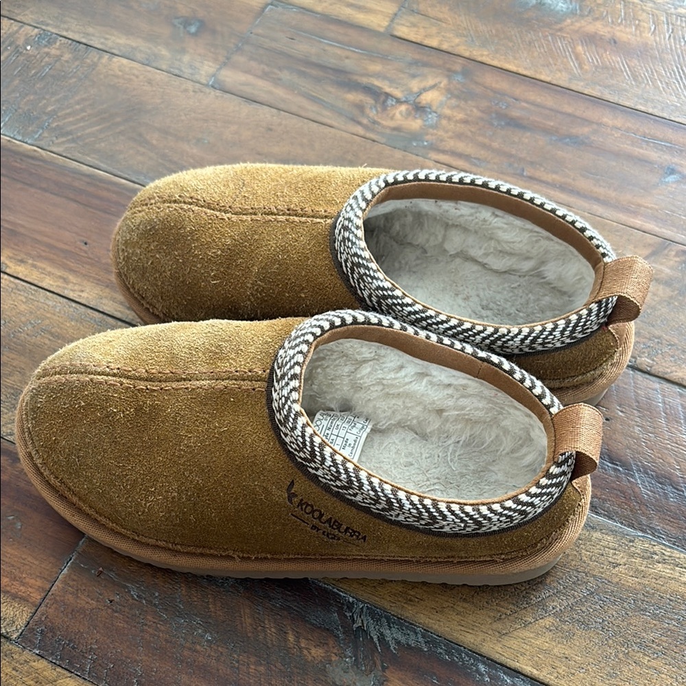 Koolaburra Tan Suede Slippers with Patterned Trim kids